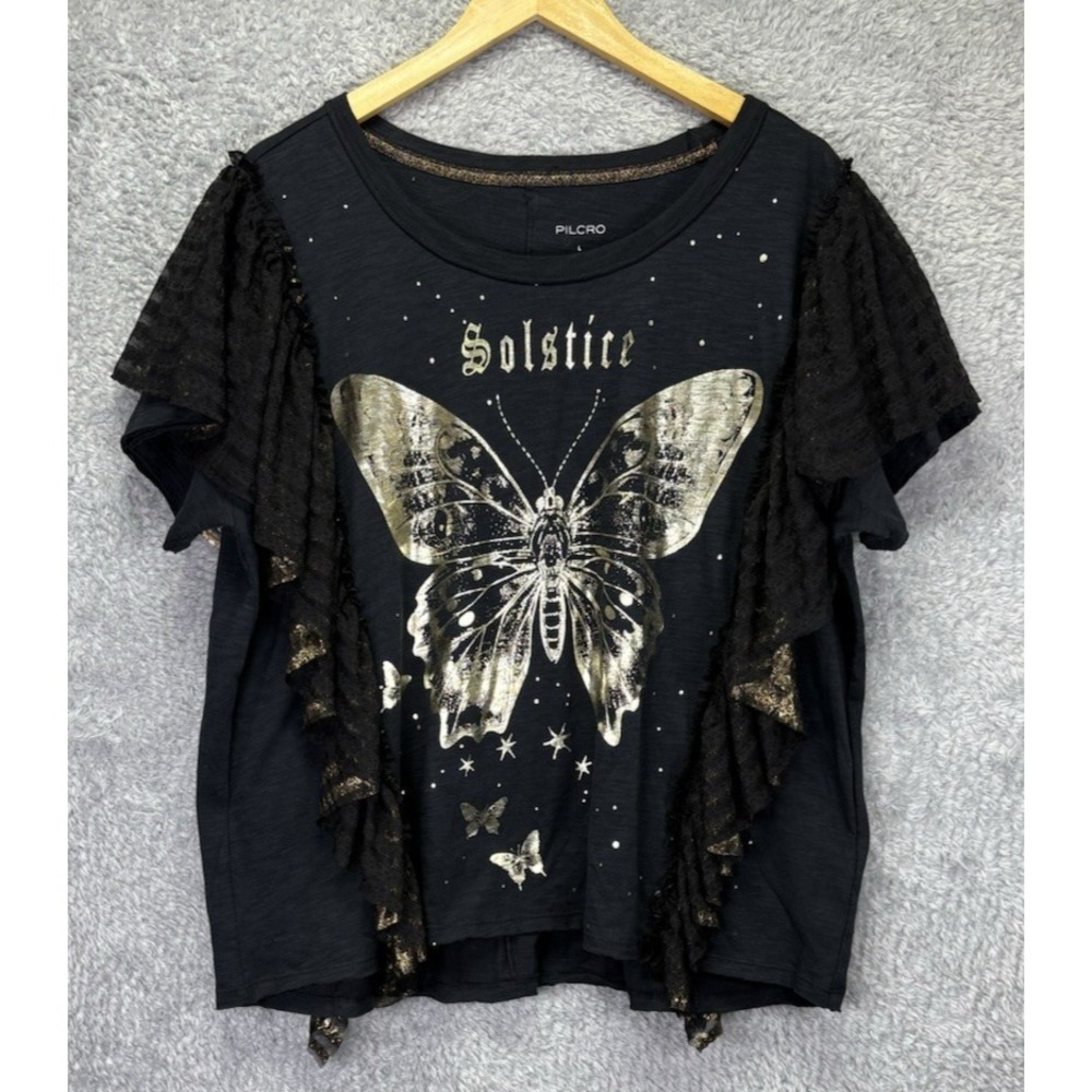Anthropologie Pilcro Womens L Butterfly Tee Black Gold Lace Ruffle Boho Fairy - Picture 1 of 11